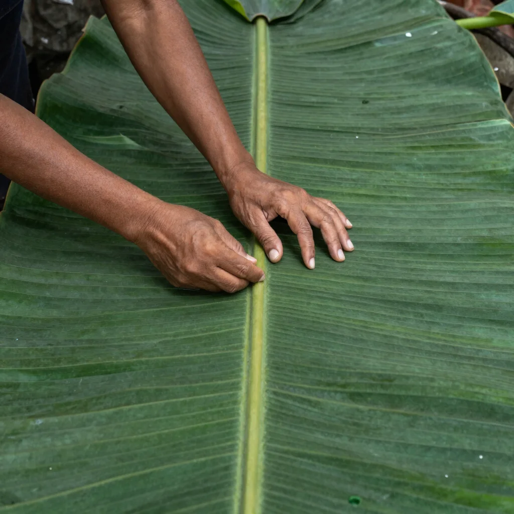 Fotografi editorial dokumenter, cahaya siang tropis lembut, tangan seorang petugas merawat tajuk pohon peneduh di area p