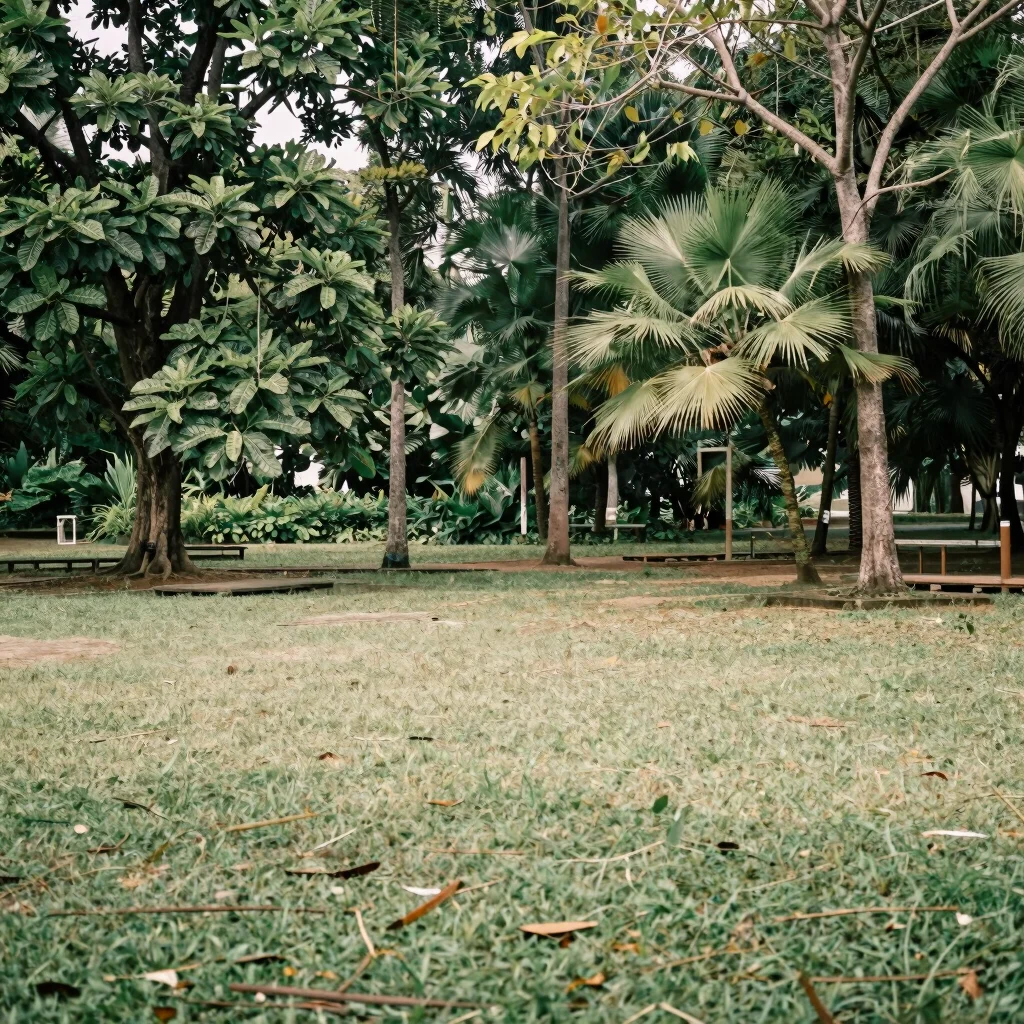 Fotografi editorial dokumenter, cahaya siang tropis lembut, pemeriksaan batang pohon di taman lingkungan, bidikan lebar