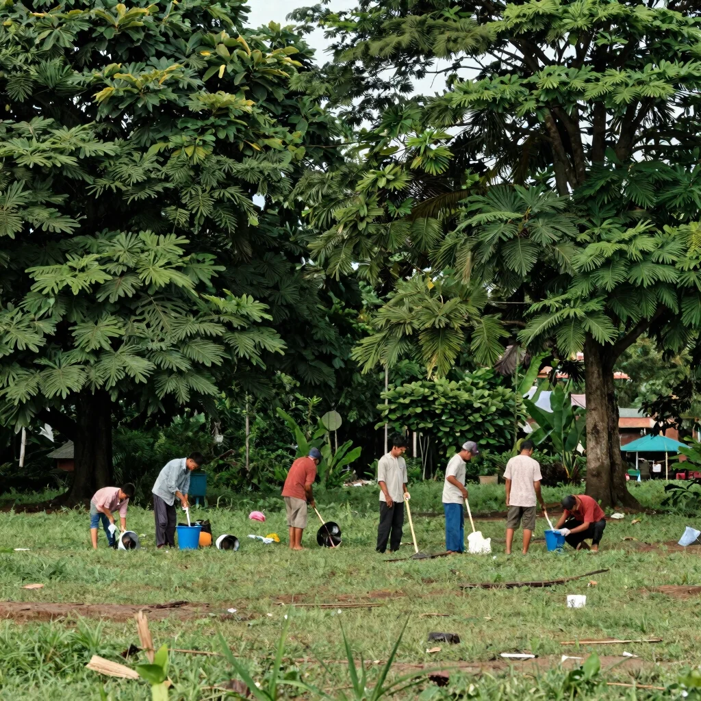 Fotografi editorial dokumenter, cahaya siang tropis lembut, warga bekerja bersama membersihkan area sekitar pohon, tampi